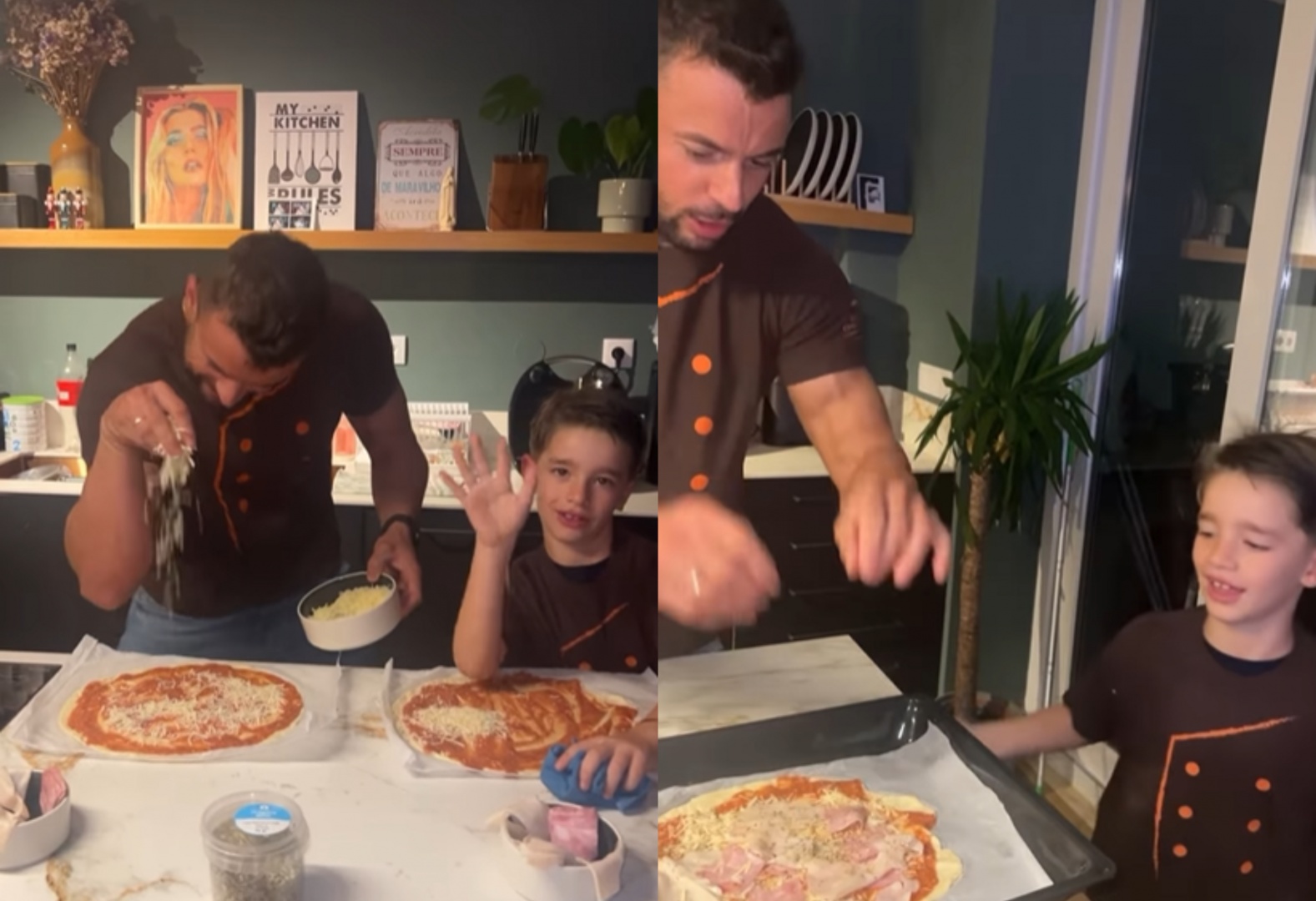 Marco Costa prepara pizza com filho da namorada
