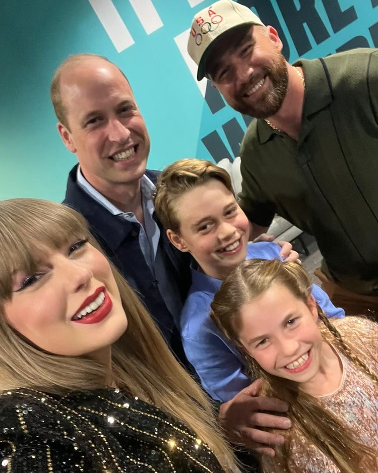 Taylor Swift e o namorado, Travis Kelce ao lado do Prícipe William e dos filhos mais velhos, Charlotte e George