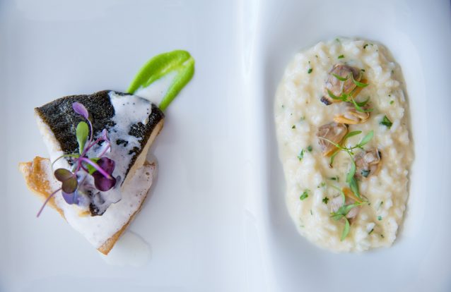 Filete de pregado lacado em azeite virgem, risoto de amêijoa à Bulhão Pato, micro verdes com espuma de vodka e lima, por Ilídio Barbosa