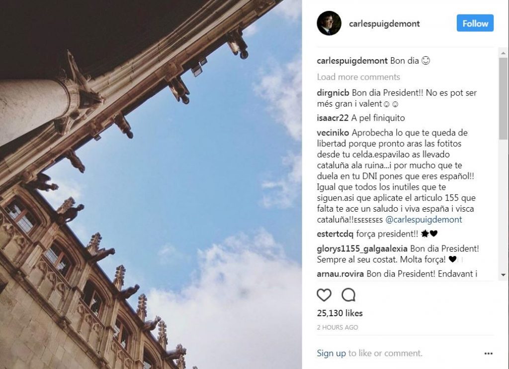 Puigdemont publica no Instagram fotos do interior da sede do governo