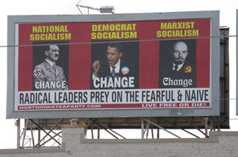 Cartaz compara Barack Obama a Hitler e Lenin