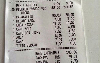 Espanha: Fatura de um jantar no valor de 337 euros causa indignação nas redes sociais