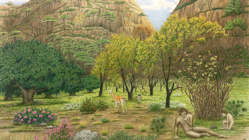 Ilustração científica da paisagem na Era Neandertal junto à Gruta Bolomor, em Espanha