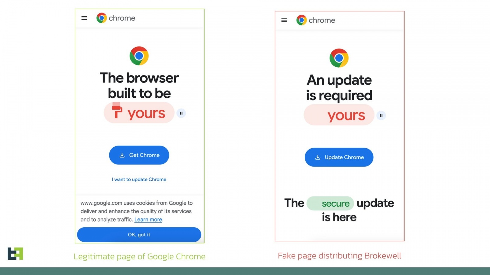 Trojan Brokewell | página legítima e falsa de atualizações do Google Chrome no Android