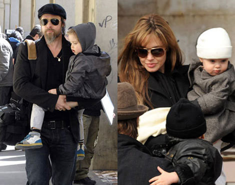 Brad Pitt com Knox Léon e Angelina Jolie com Vivienne Marcheline