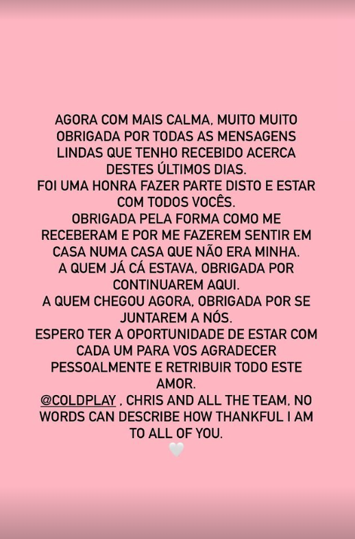 Após atuar ao lado dos Coldplay, Bárbara Bandeira agradece carinho