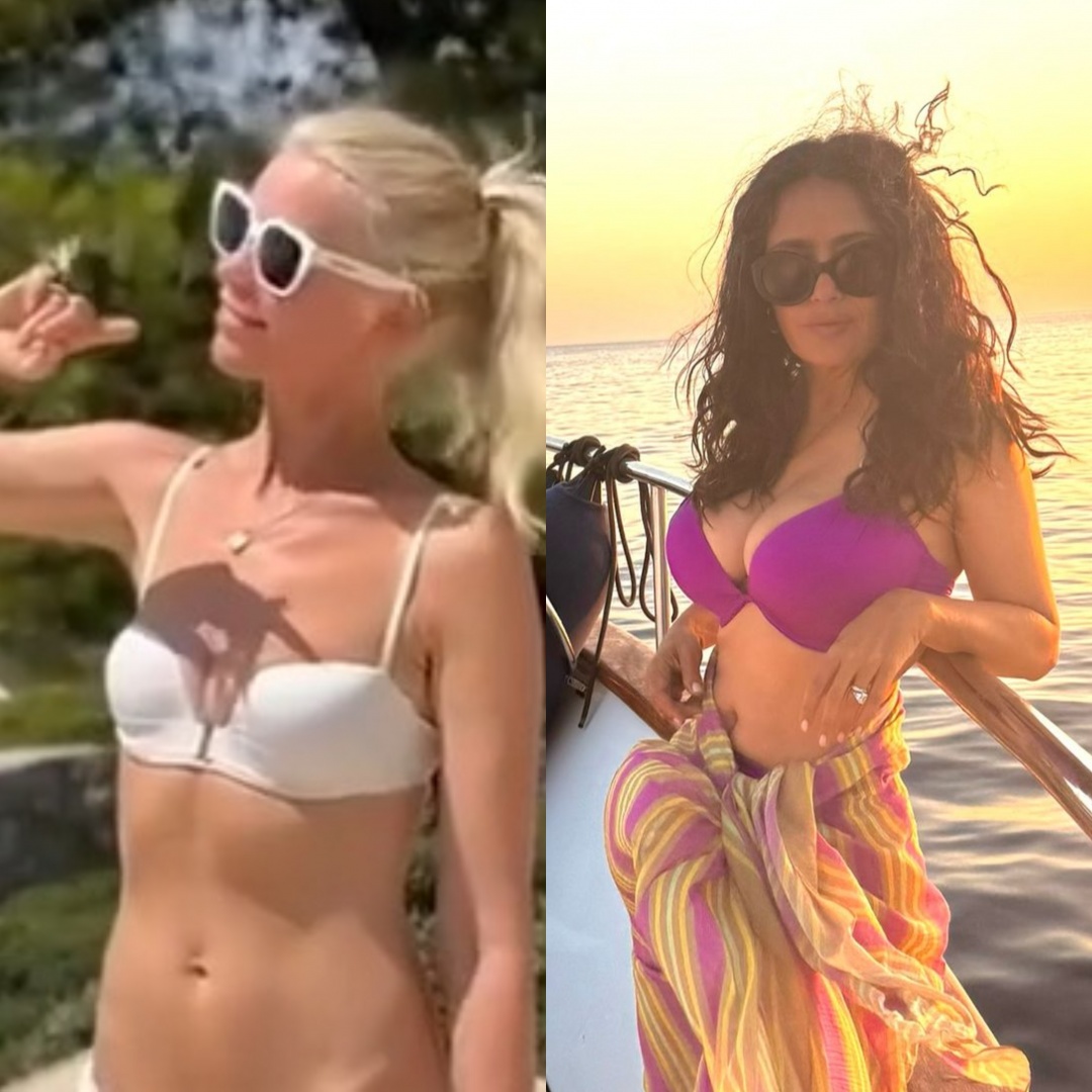 Claudia Schiffer e Salma Hayek mostram boa forma durante as férias de verão